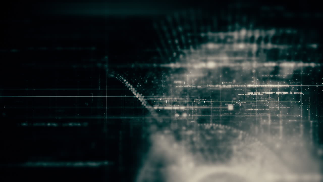 Futuristic abstract de-focus data matrix, meta, metaverse, telemetry and encrypt numbers display with particles simulation in cyber space environment for head up display background
