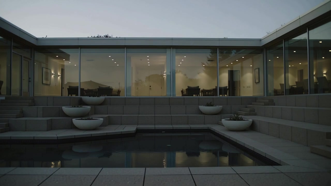 Facciata di una casa moderna con parete in vetro e piscina, al crepuscolo, con le luci che rivelano l'arredamento