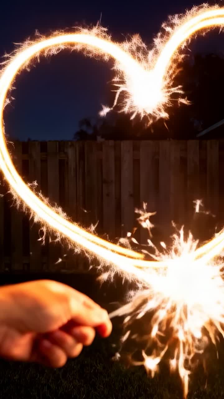 Verticale video: een sterretje aansteken, hand met rode nagels tekent een gloeiend hart in de tuin bij het hek in de schemering