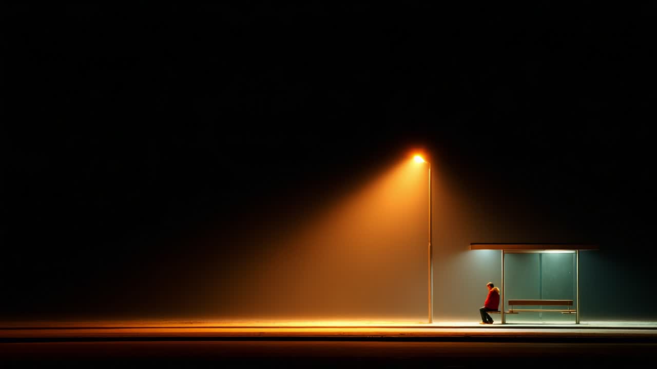 A solitary figure waits at a dimly lit bus stop, enveloped in the stillness of night, illuminated only by the warm glow of a nearby lamp under a shroud of darkness