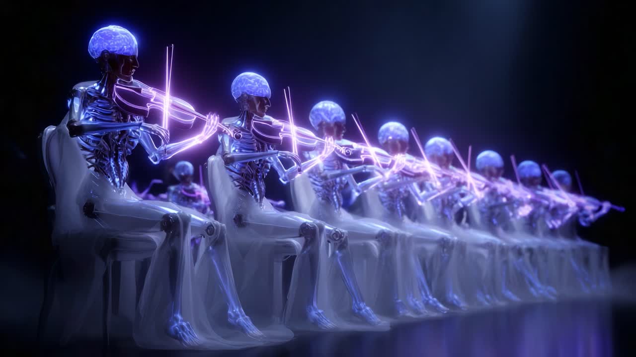 Una straordinaria immagine di un'orchestra ipnotica con musicisti scheletrici luminosi che suonano il violino, che fonde arte e tecnologia in una performance futuristica