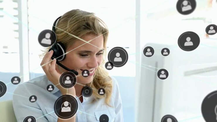 Animation of connected icons over caucasian female customer representative talking with customer