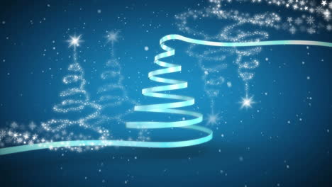 snow falling over ribbon forming a christmas tree against christmas tree icons on blue background