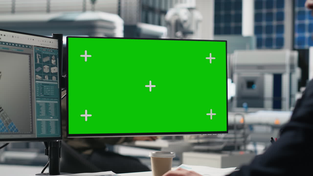 Computer with green screen in office