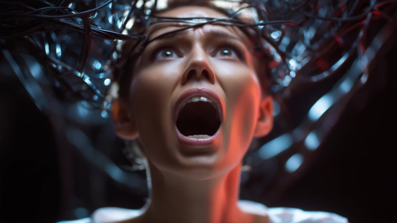 Un'intensa espressione emotiva catturata in due fotogrammi che mostra una donna sopraffatta dalla paura e dall'angoscia, circondata da elementi scuri astratti che significano turbamento interiore.