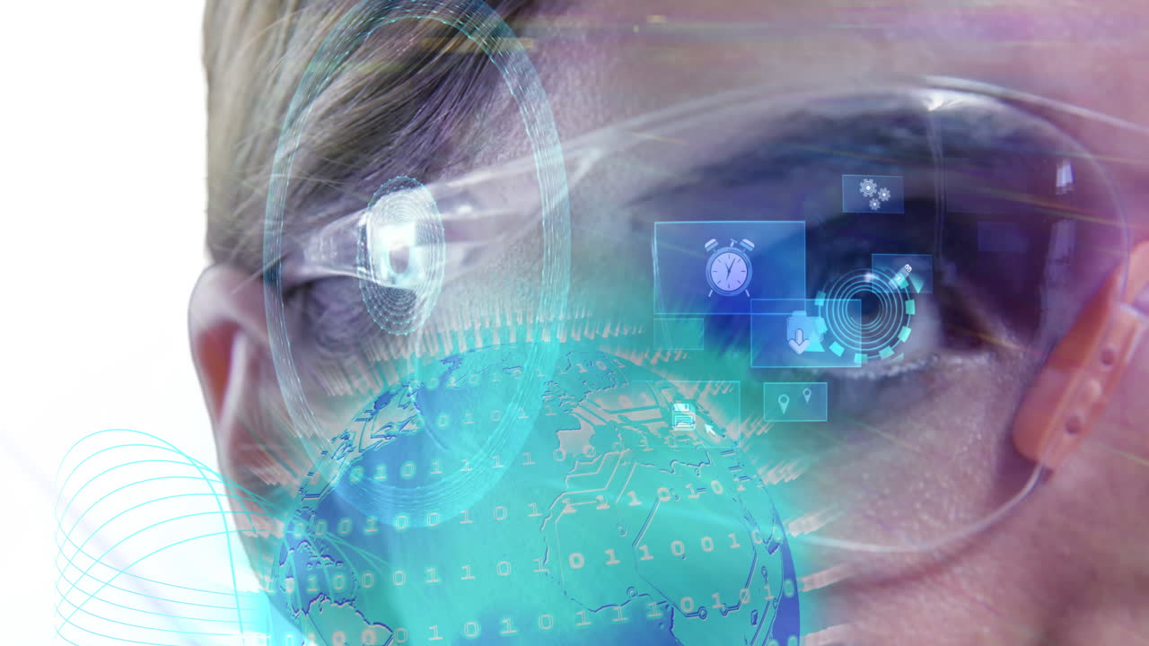 animazione del globo su icone multimediali sull&#x27;occhio di una donna con occhiali vr utilizzando l&#x27;interfaccia