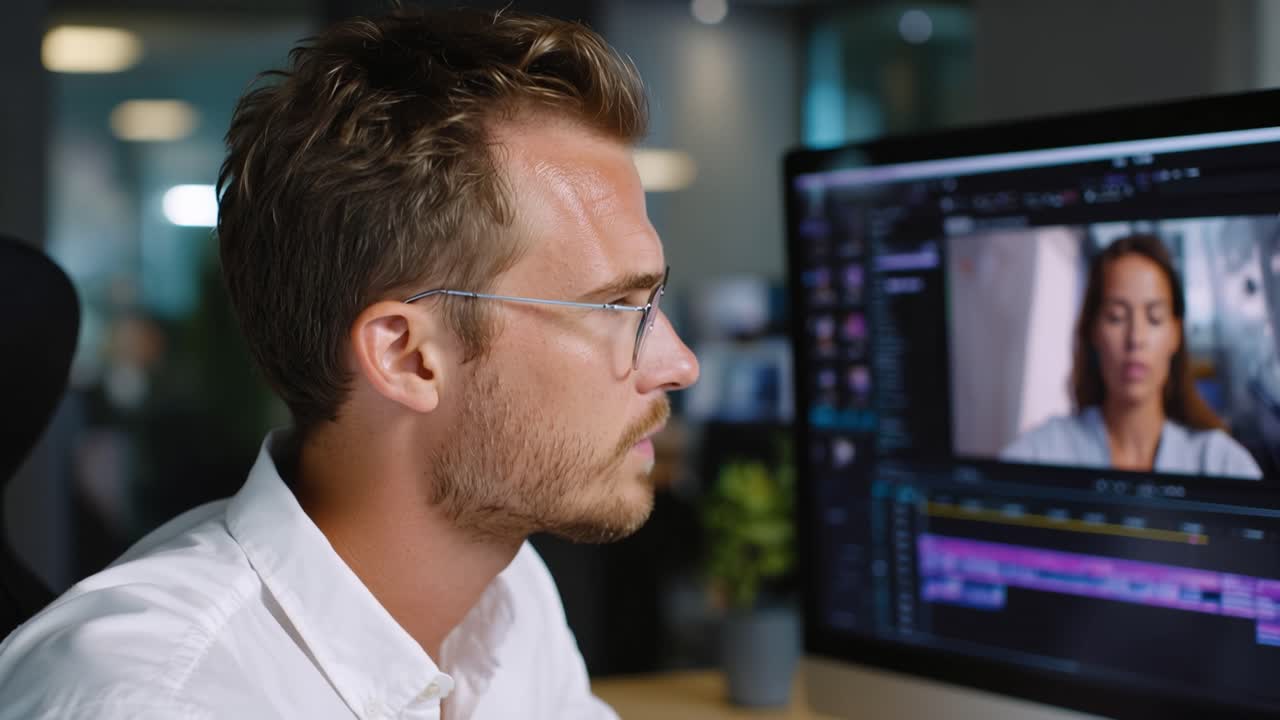 Un giovane uomo modifica un video in un ufficio moderno. Concentrato sullo schermo, guarda il filmato di una donna. L'illuminazione soffusa evidenzia la sua calma concentrazione. Un software di editing professionale riempie il monitor.