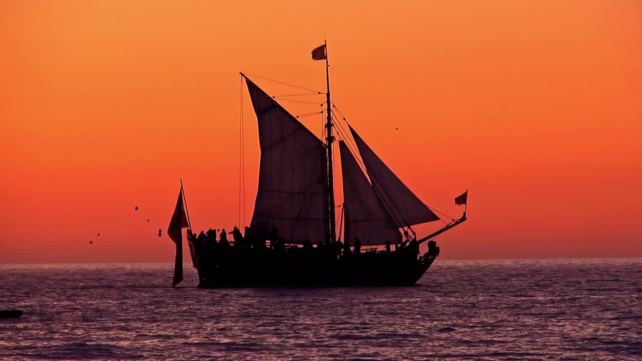 The black shadow of an old sailing ship with partying people against an orange sunset