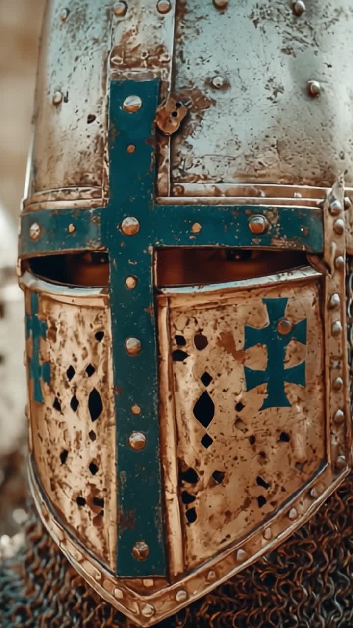 Gros plan sur un casque de chevalier historique orné de motifs de croix distinctifs, évoquant la guerre médiévale et l'esprit chevaleresque de l'époque