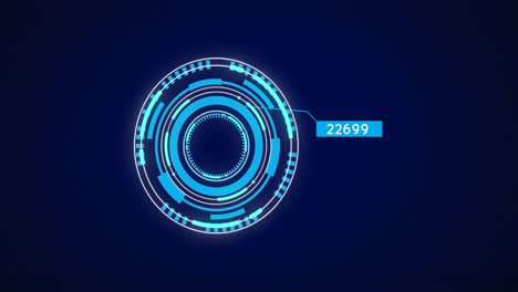 Digitale-Animation-Steigender-Zahlen-über-Einem-Runden-Neonscanner,-Der-Sich-Vor-Blauem-Hintergrund-Dreht