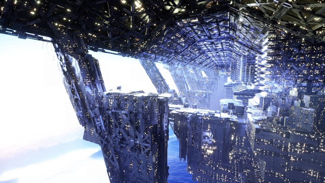 Early dawn shines on high digital cliffs leading upward towards glowing horizon