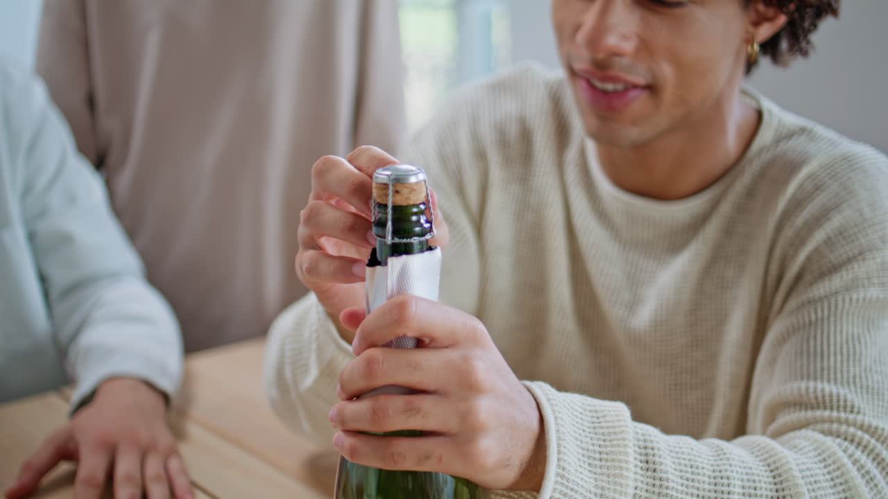 Curly guy open champagne weekend party with friends closeup. Buddies celebrating