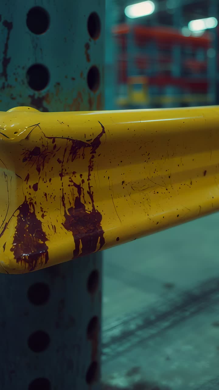 Vertical video: Panning camera revealing scuffed yellow guardrail in warehouse, showing teal post
