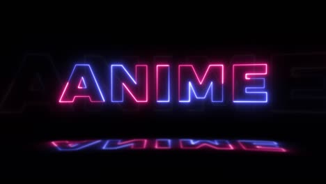 neón brillante palabra 'anime' en un fondo negro con reflejos en un piso. signos de brillo de neón en gráfico de movimiento de bucle sin costuras