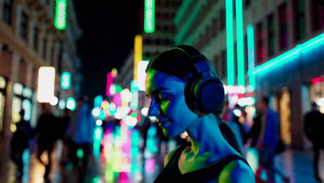 woman listening to music in a city at night
