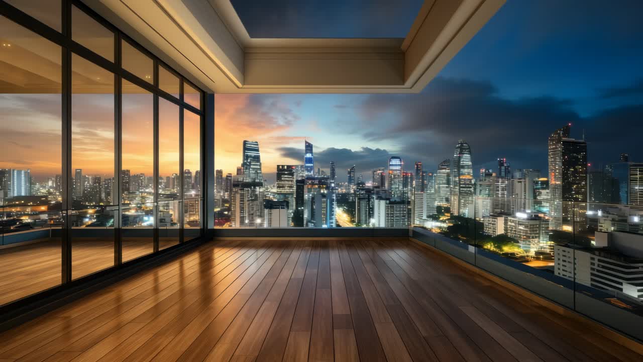 Inquadratura grandangolare di uno skyline moderno al tramonto da un balcone di un grattacielo, perfetta per un video