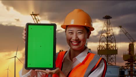 primer plano de una ingeniera asiática con casco de seguridad sonriendo y mostrando una tableta de pantalla verde a la cámara con producción de hidrógeno