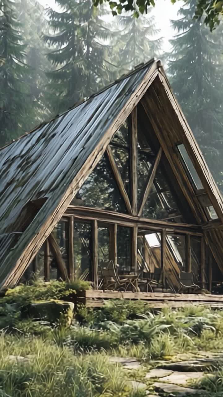 Retret Hutan yang Memikat: Kabin A-Frame Modern Dikelilingi oleh Tanaman Hijau Subur dan Pohon-pohon Tinggi untuk Liburan Alam yang Sempurna