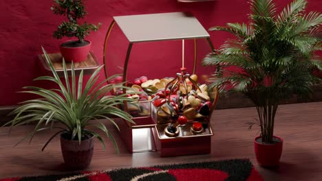 heart-shaped candy dispenser in a stylish red room