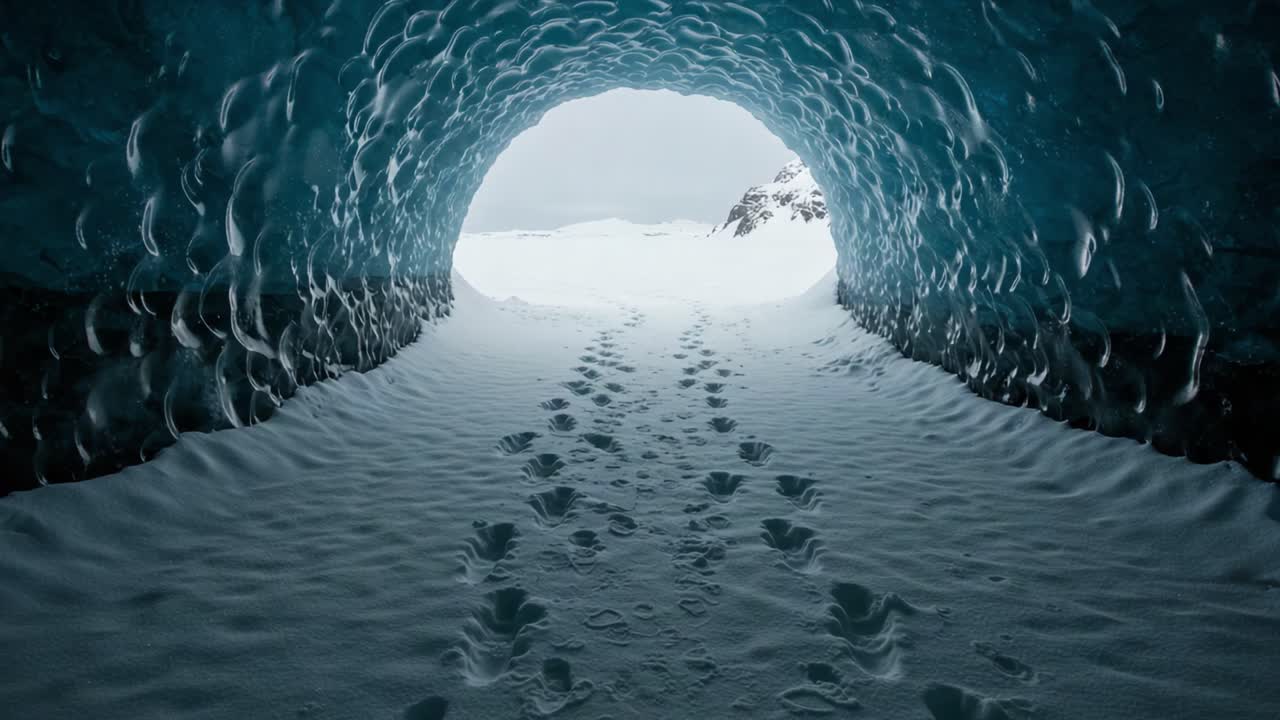 A Journey Through an Icy Tunnel: Exploring the Mystical Beauty of an Ice Cave with Footprints Leading to the Unknown Beyond the Glacial Entrance