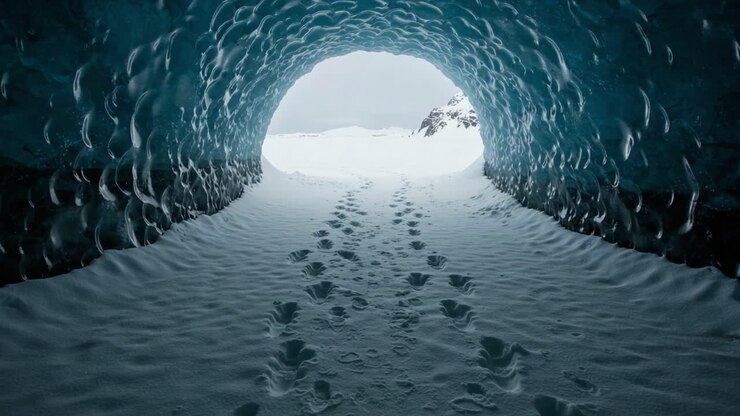 A Journey Through an Icy Tunnel: Exploring the Mystical Beauty of an Ice Cave with Footprints Leading to the Unknown Beyond the Glacial Entrance