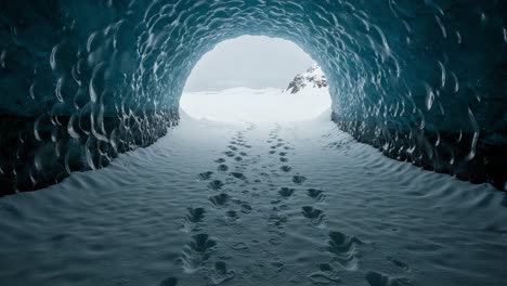 a journey through an icy tunnel: exploring the mystical beauty of an ice cave with footprints leading to the unknown beyond the glacial entrance