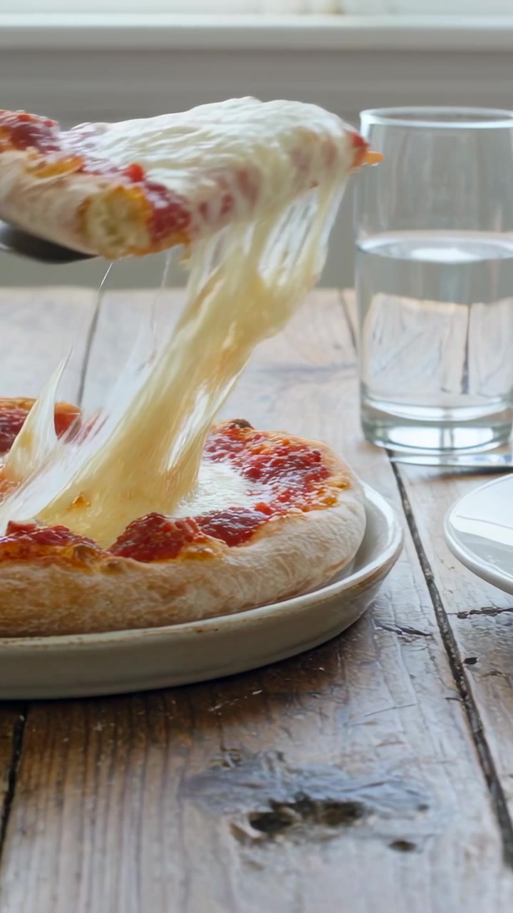 Video verticale: Sollevamento di una fetta di pizza, una mano che usa una paletta per metterla su un piatto su un tavolo di casa, con il formaggio che si allunga.