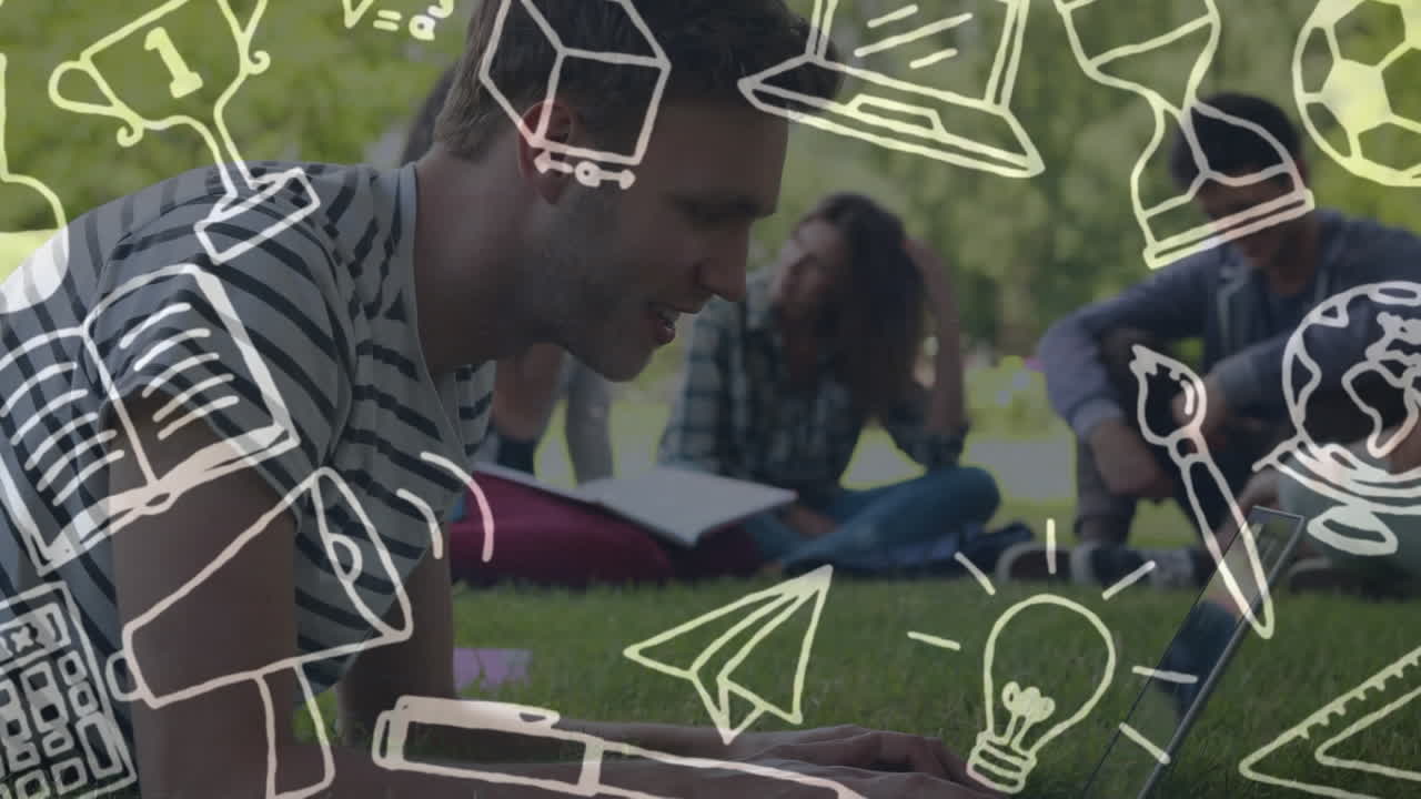 animación de los iconos blancos de los artículos escolares sobre los estudiantes