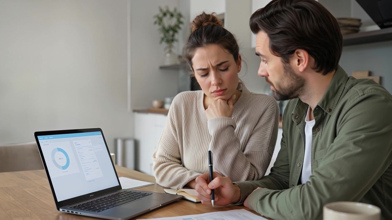 Giovane coppia che esamina documenti e dati finanziari al laptop in cucina.