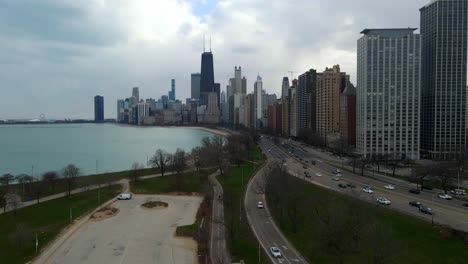 aerial view of downtown chicago seen from north lake shore drive