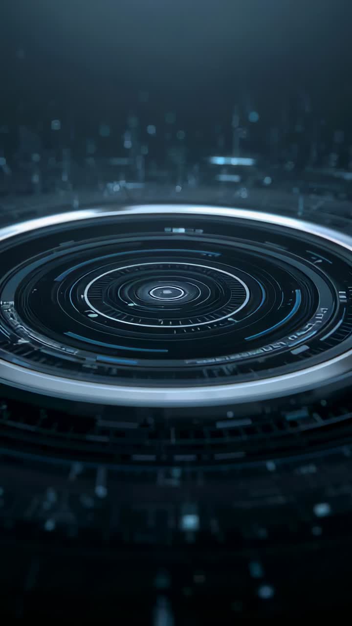 Video verticale: Avvio di un disco olografico "pulse core", anelli rotanti in un laboratorio buio, campo di scansione.