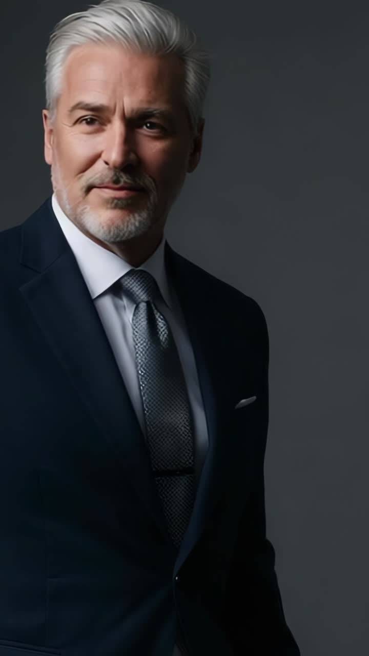 Vertical video: Male executive shifting head and smiling in portrait studio, with navy suit and tie