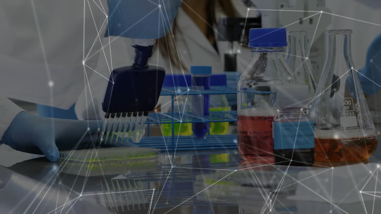 Researcher pressing multichannel pipette, dispensing into wells for assay with overlay linking data