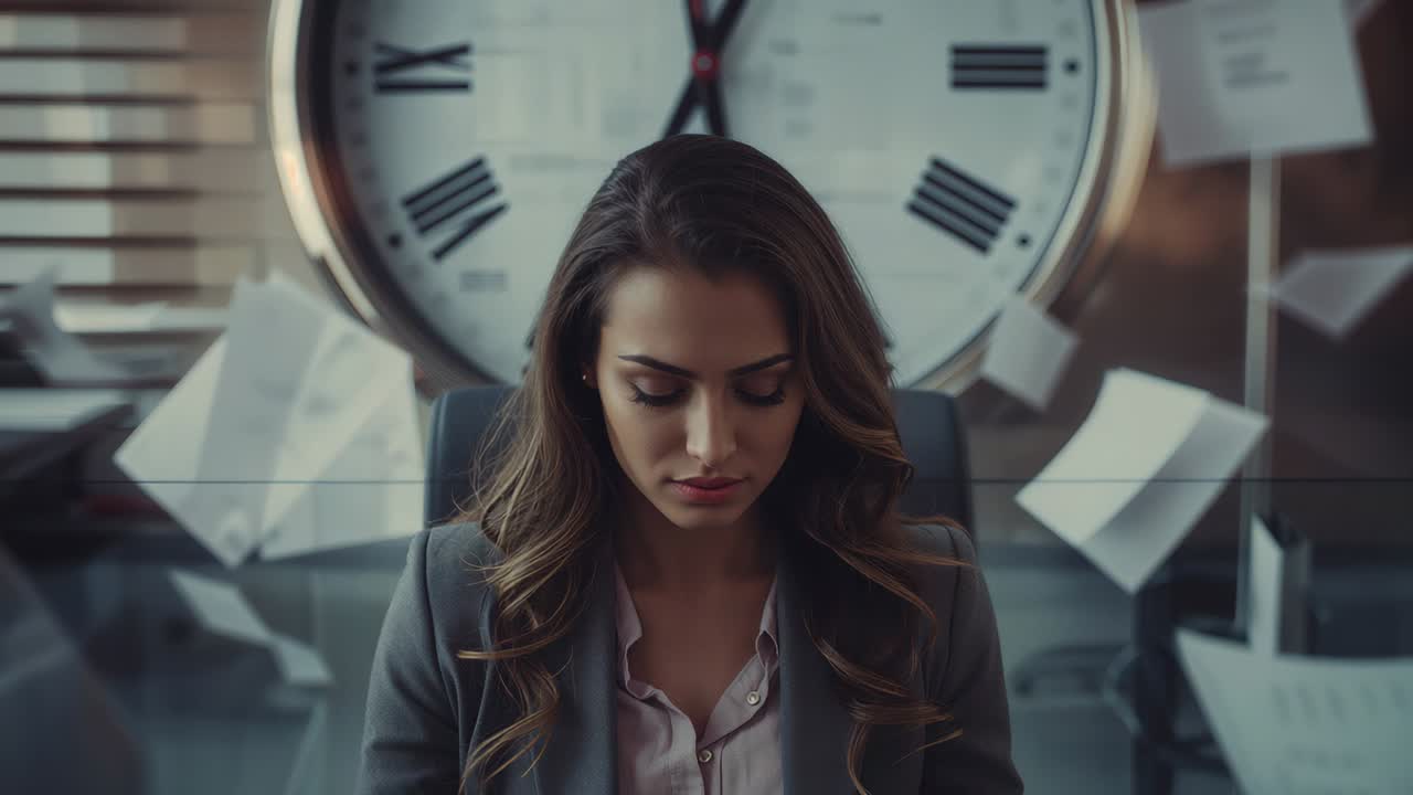 Preparing, exec woman lifting head fixing gaze in office, clock and papers behind, in gray blazer