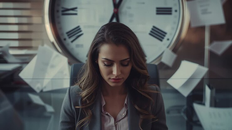 Preparing, exec woman lifting head fixing gaze in office, clock and papers behind, in gray blazer