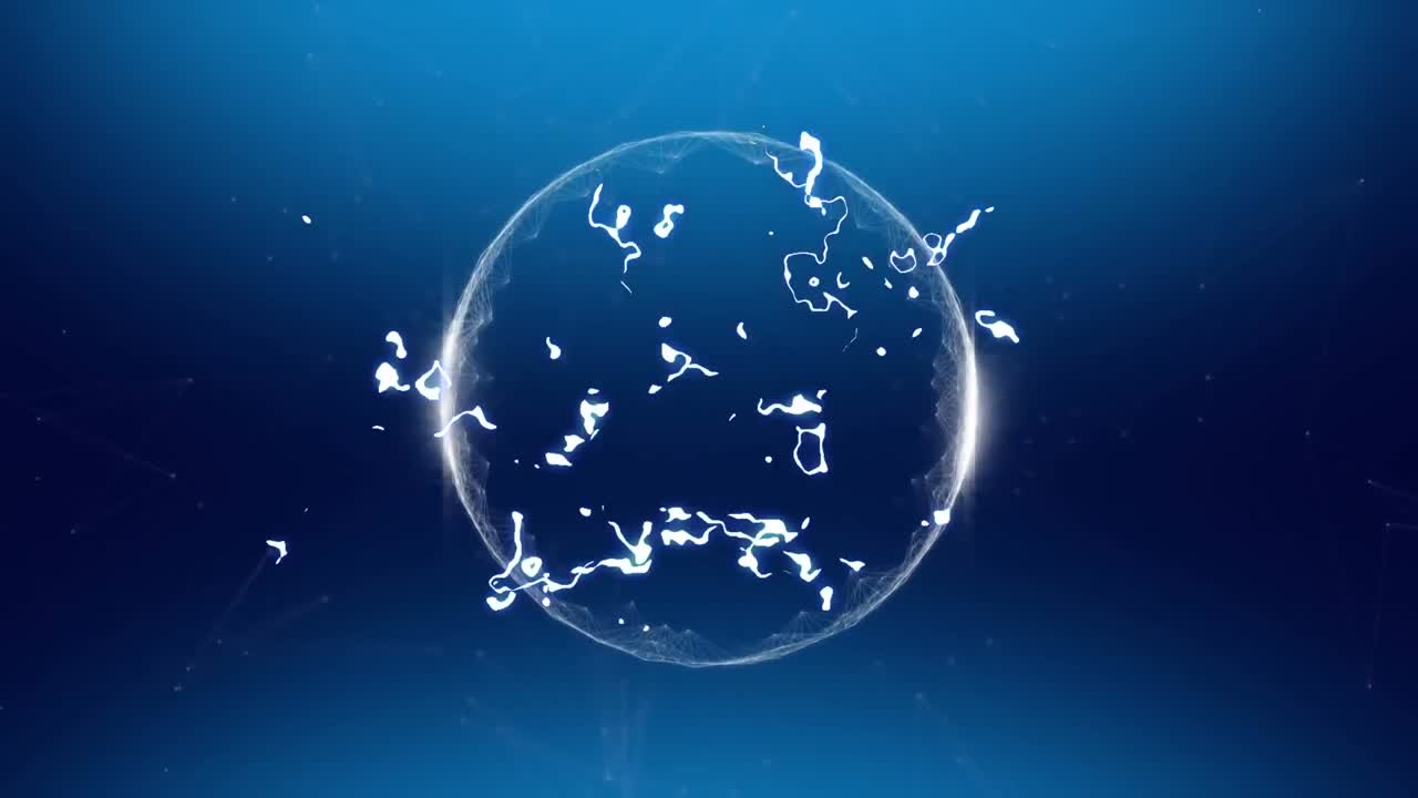 어두운 파란색 배경에  ⁇ 색 원 위에 반 ⁇ 이는  ⁇ 색 액체 빛의 애니메이션