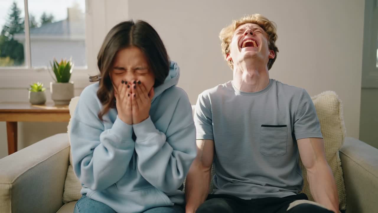 Hearing joke, couple laughing and holding faces on sofa by window, wearing hoodie and T-shirt