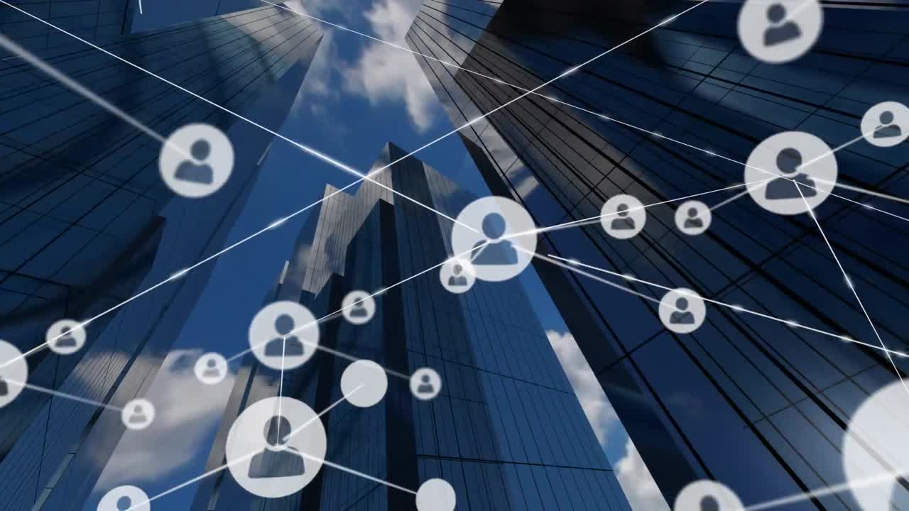 도시 풍경 위의 아이콘으로 연결된 네트워크의 애니메이션