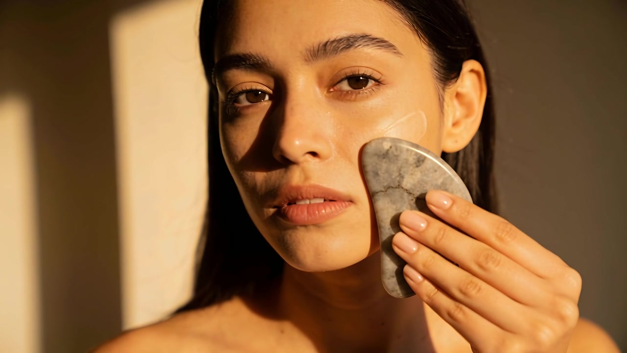 Applying cream, bare-shouldered woman gliding gua sha across cheek by sunlit window for dewy skin
