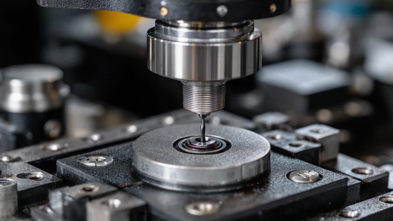 Processo di produzione di precisione: Primo piano su un erogatore di fluidi in una linea di assemblaggio automatizzata per componenti di alta qualità
