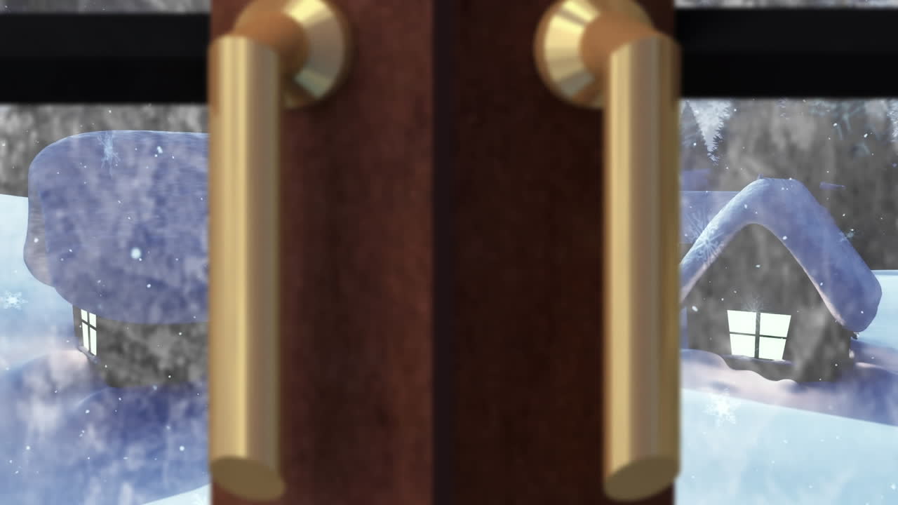 창문을 통해 보이는 크리스마스 장식과 함께 겨울 풍경의 애니메이션