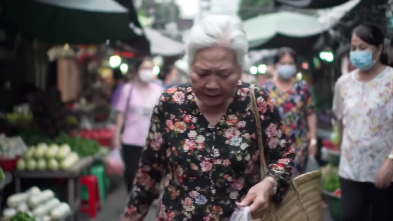 An elderly woman navigates through a bustling market, surrounded by vibrant produce and shoppers, showcasing the essence of community and daily life in a vibrant marketplace.