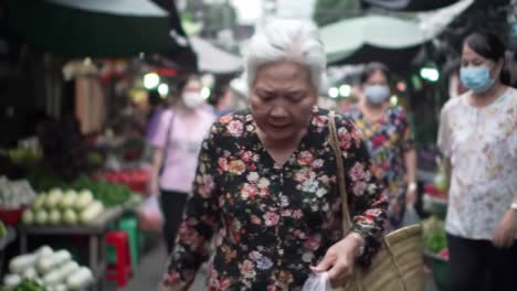 an elderly woman navigates through a bustling market, surrounded by vibrant produce and shoppers, showcasing the essence of community and daily life in a vibrant marketplace.