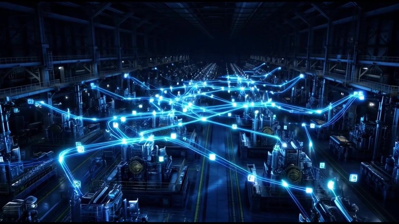 Futuristic Industrial Factory with Interconnected Digital Network