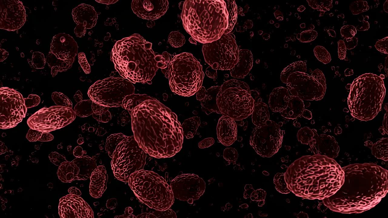 Opening shot revealing red blood cells drifting and rotating in vessel void, highlighting textures