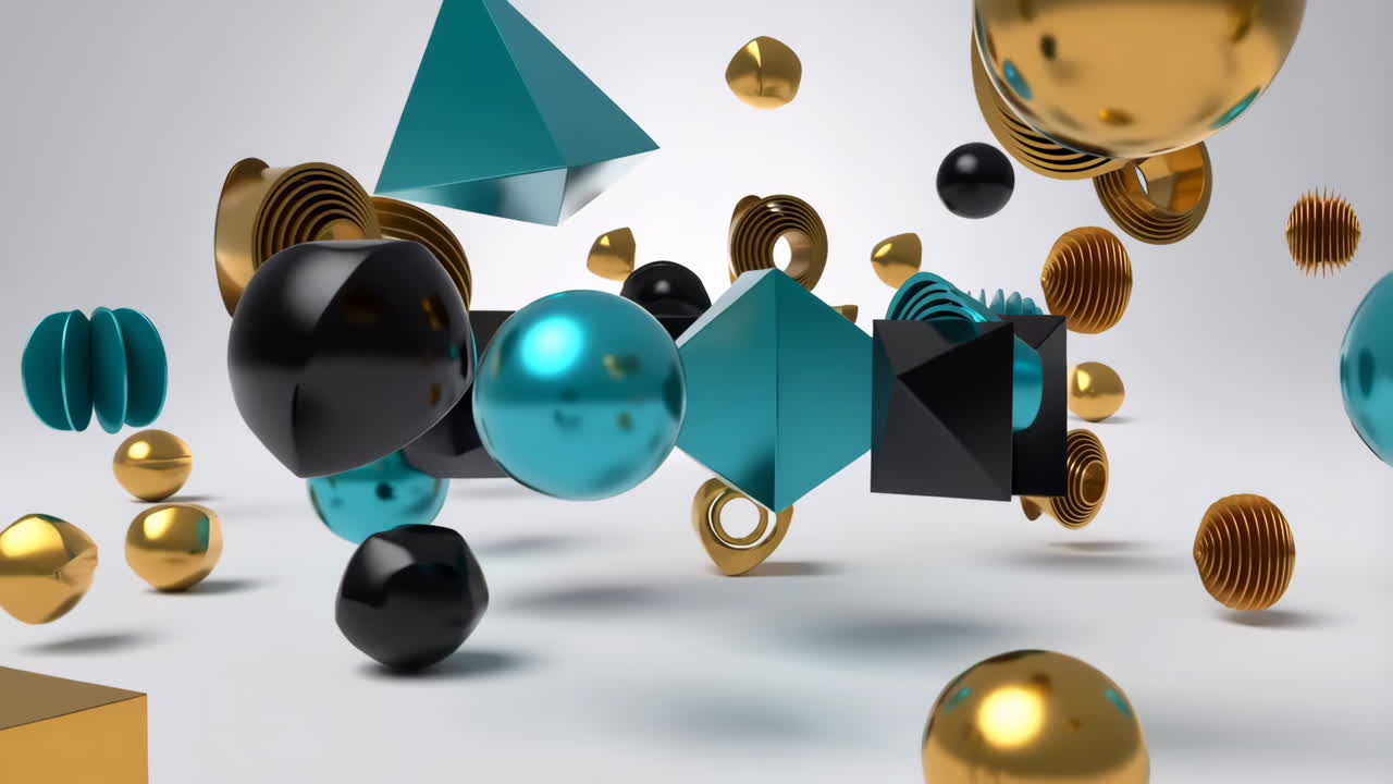 Dynamic 3D Abstract Geometric Shapes in Teal, Gold, and Black