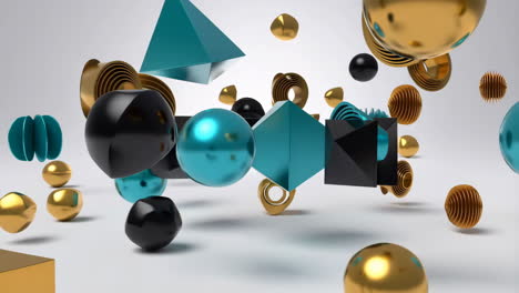 dynamic 3d abstract geometric shapes in teal, gold, and black