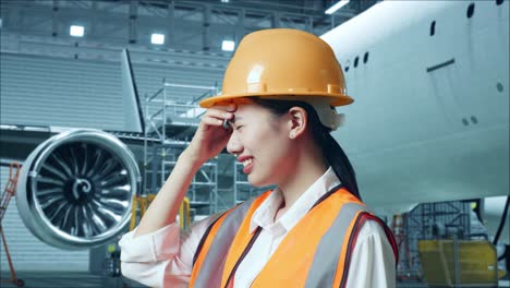 安全ヘルメットをかぶったアジア人女性エンジニアがハンガーに飛行機と一緒に立っている間頭痛を感じている