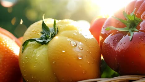 closeup of a red tomato and yellow bell pepper with water drops