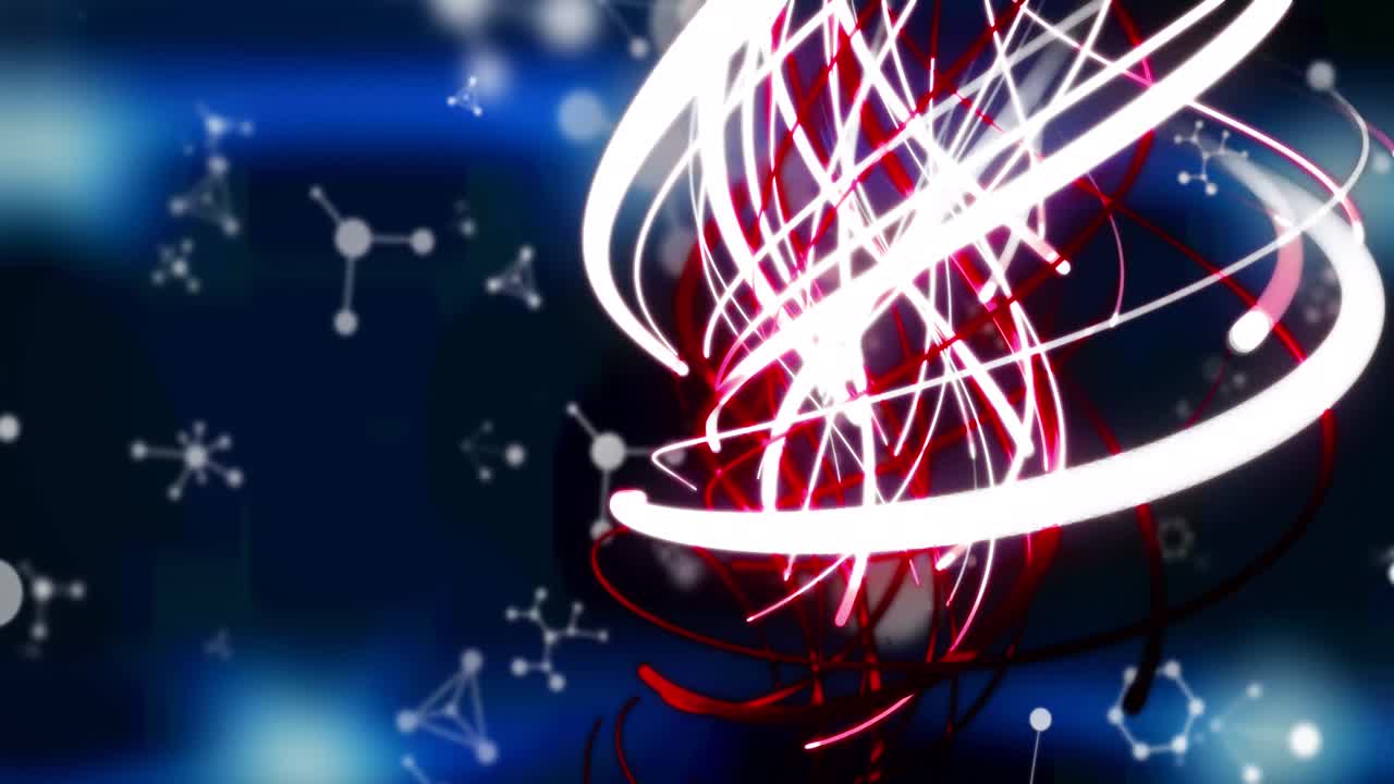 Animation of wavy lights and molecules on blue and black background